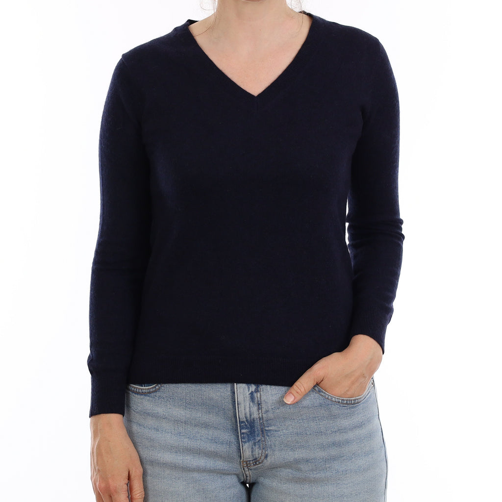 Navy Cashmere V Neck Jumper Small