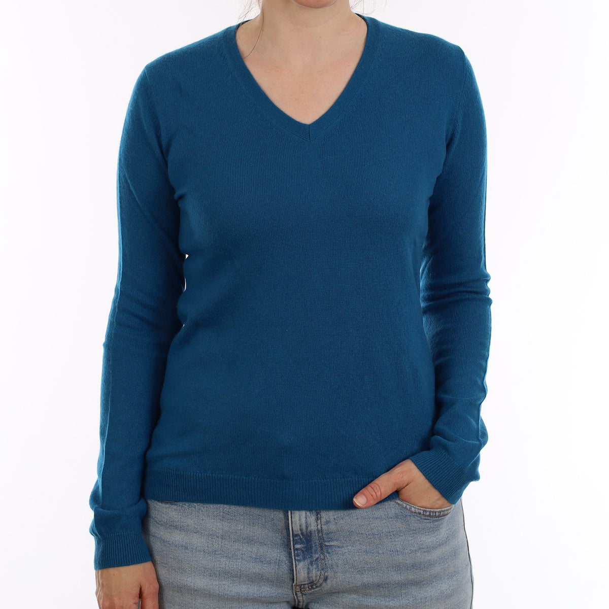 Teal Blue Cashmere V Neck Jumper Small