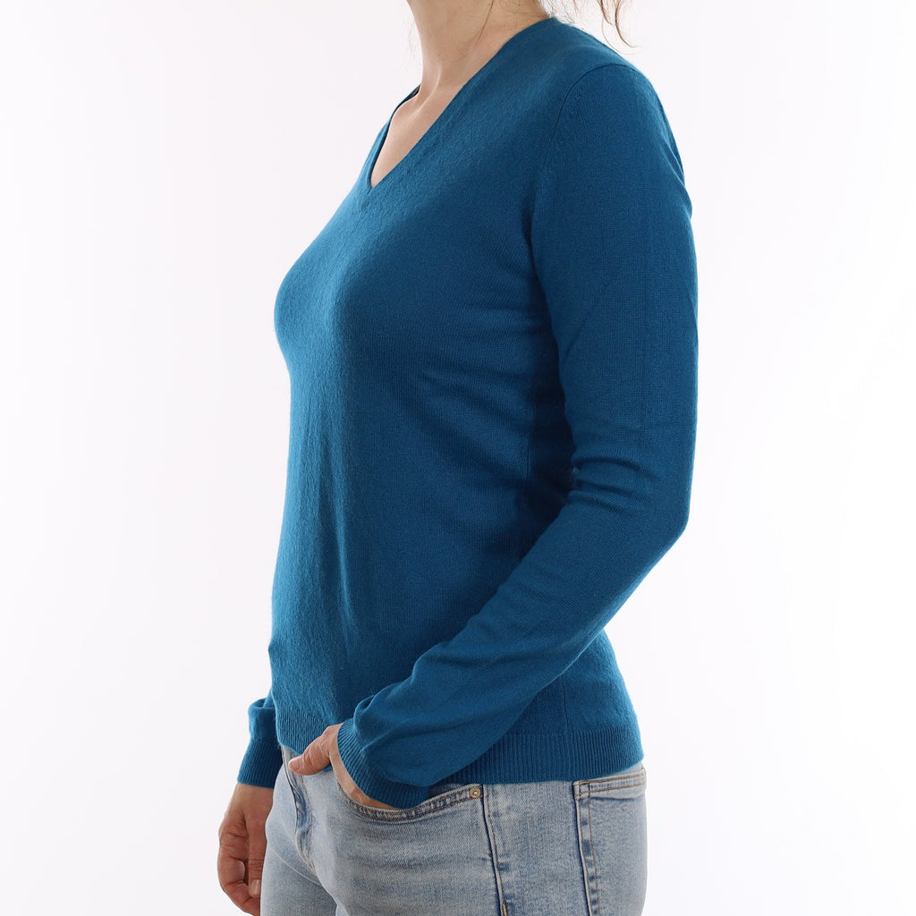 Teal Blue Cashmere V Neck Jumper Small
