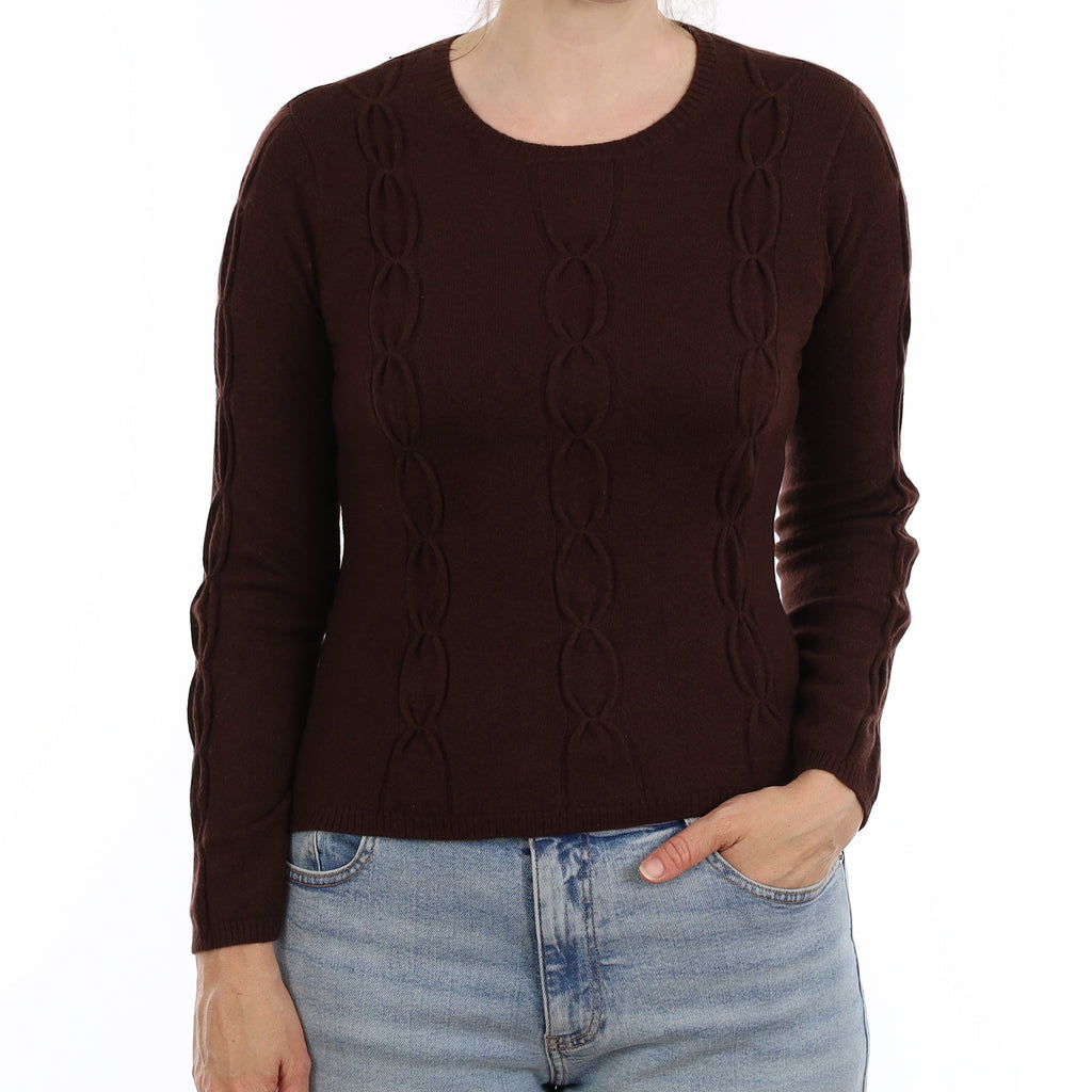 Chocolate Brown Textured Front Cashmere Crew Neck Jumper Small