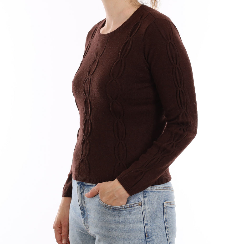 Chocolate Brown Textured Front Cashmere Crew Neck Jumper Small
