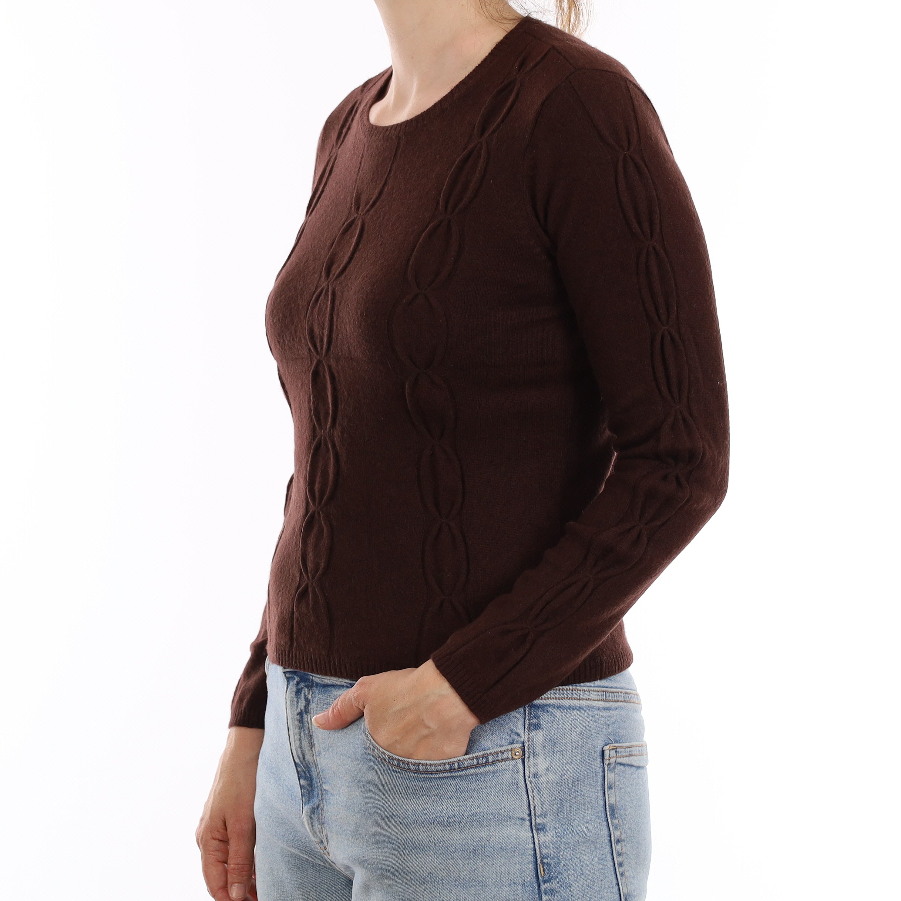 Chocolate Brown Textured Front Cashmere Crew Neck Jumper Small