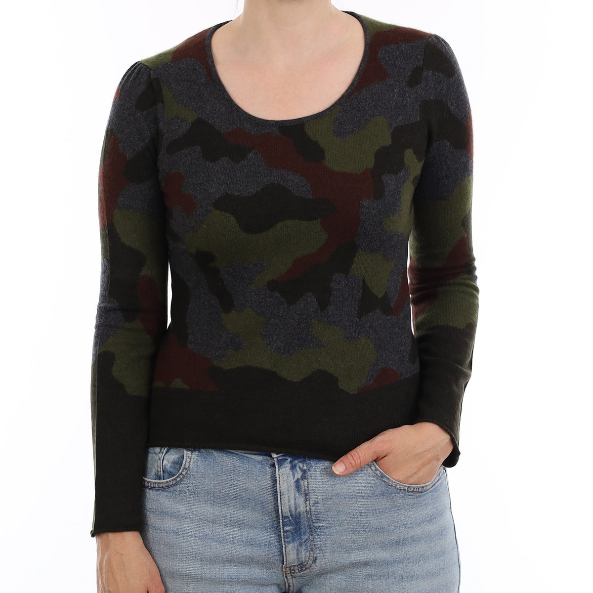 Dark Green Camouflage Cashmere Crew Neck Jumper Small