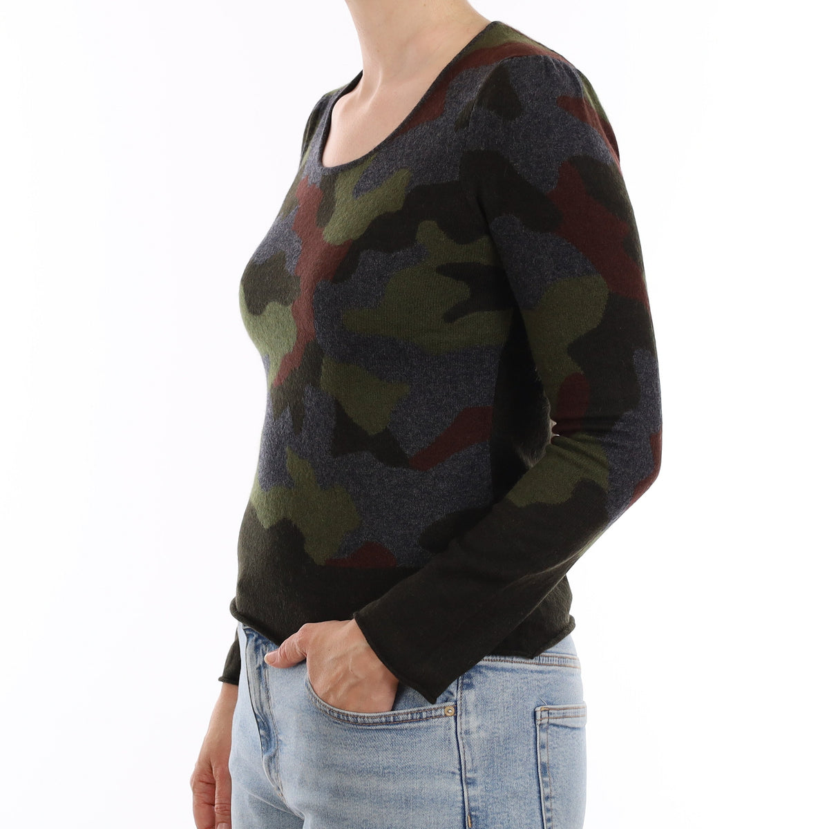 Dark Green Camouflage Cashmere Crew Neck Jumper Small