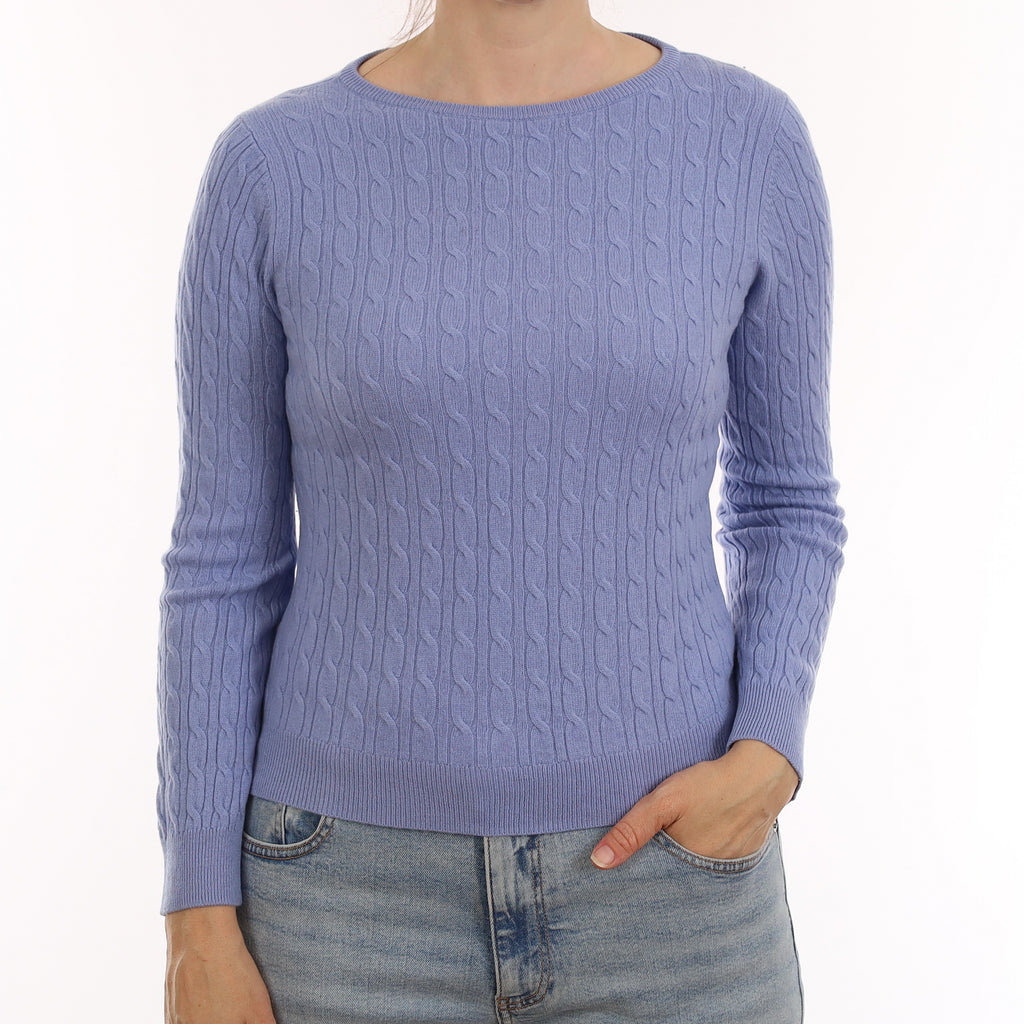 Sky Blue Cable Cashmere Crew Neck Jumper Small