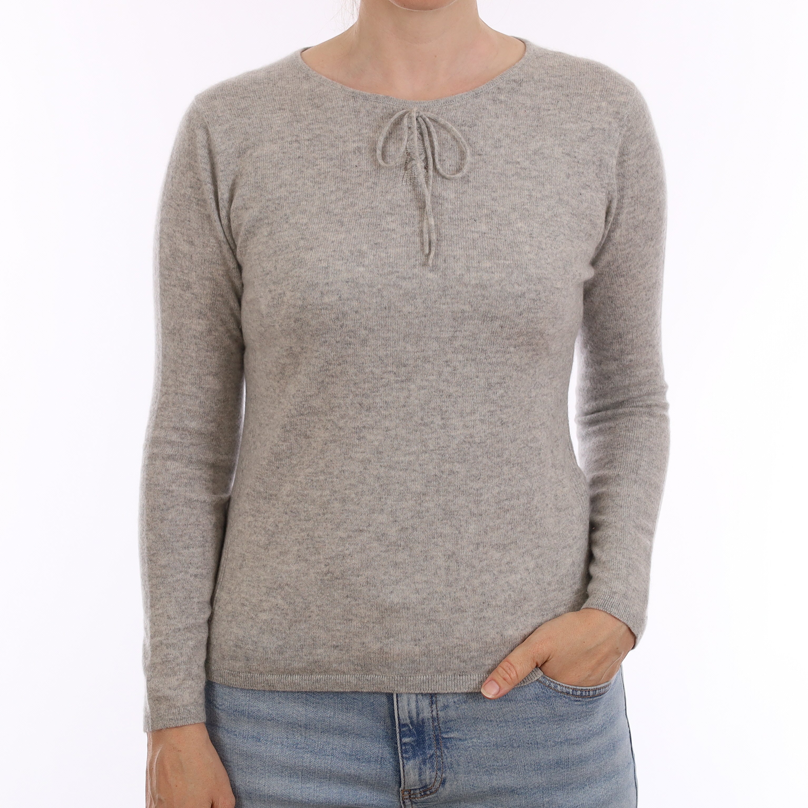 Mist Grey Cashmere Lace Up Crew Neck Jumper Small
