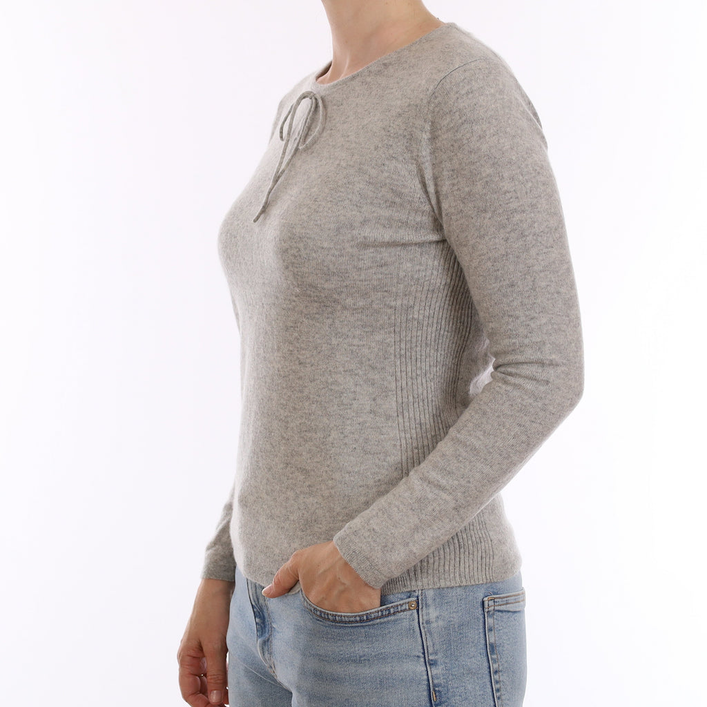 Mist Grey Cashmere Lace Up Crew Neck Jumper Small