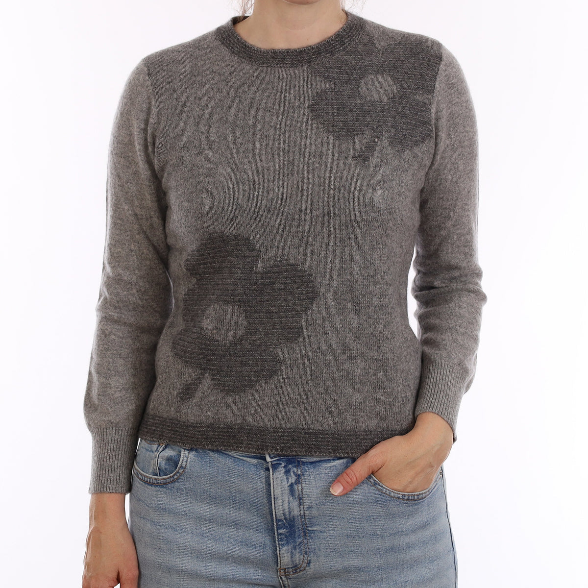 Grey Floral Design Cashmere Crew Neck Jumper Small