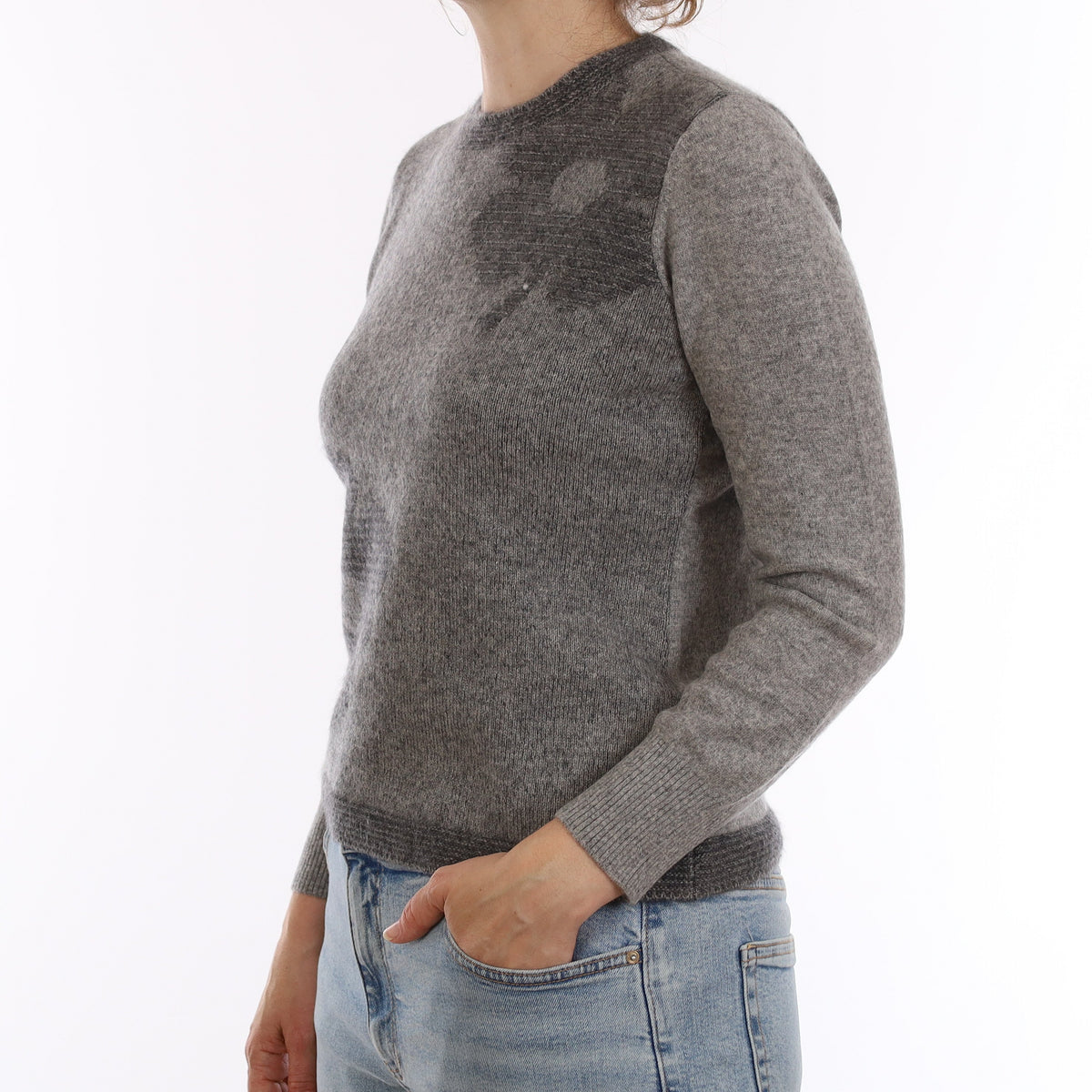 Grey Floral Design Cashmere Crew Neck Jumper Small