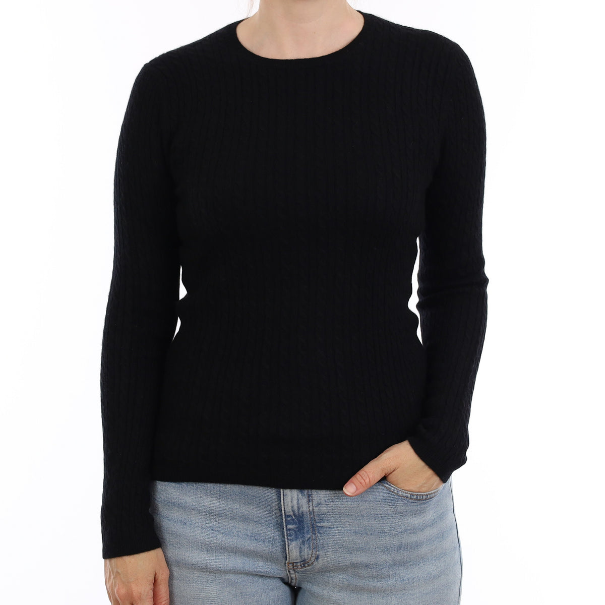 Black Cable Cashmere Crew Neck Jumper Small