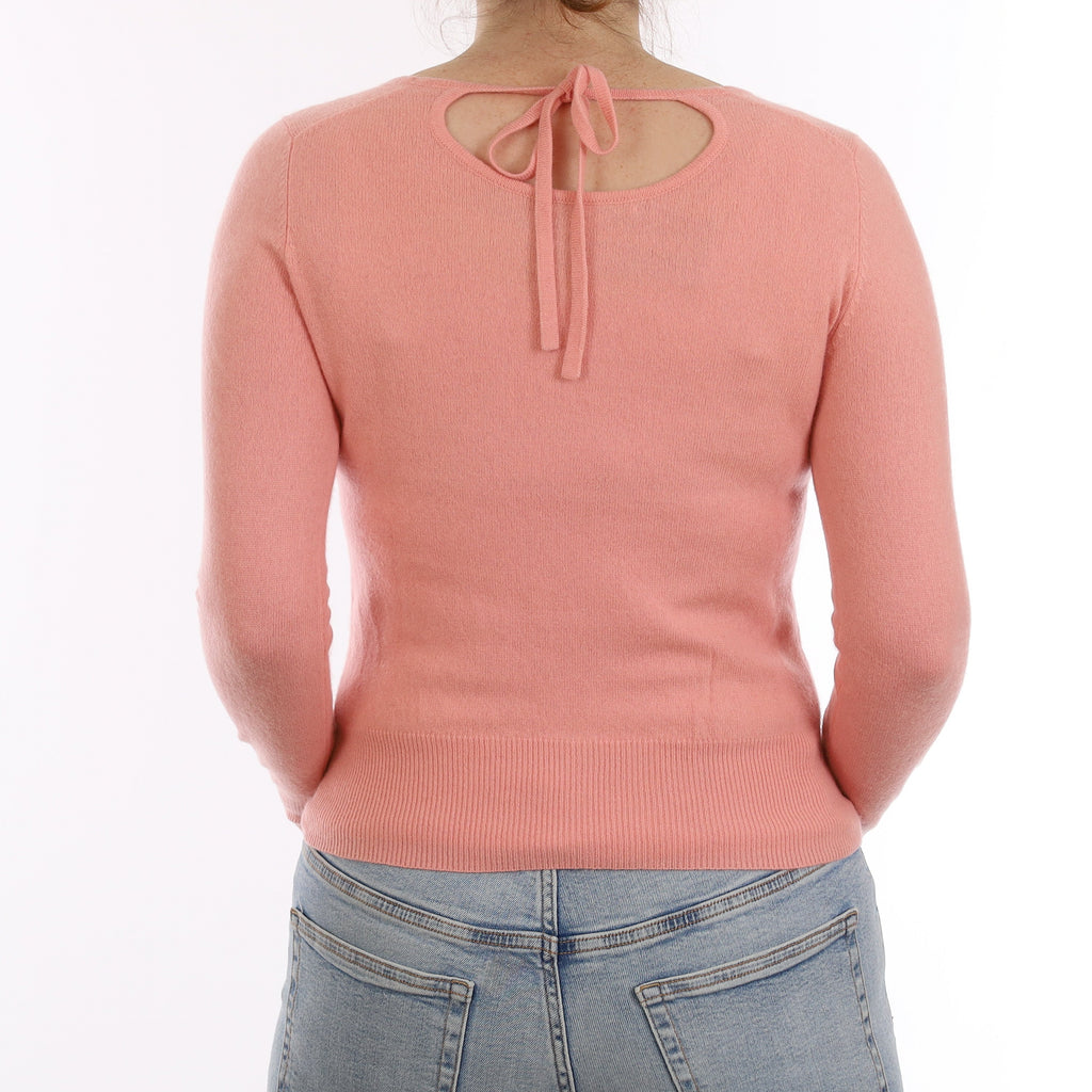Flamingo Pink Cashmere Keyhole Scoop Neck Jumper Small