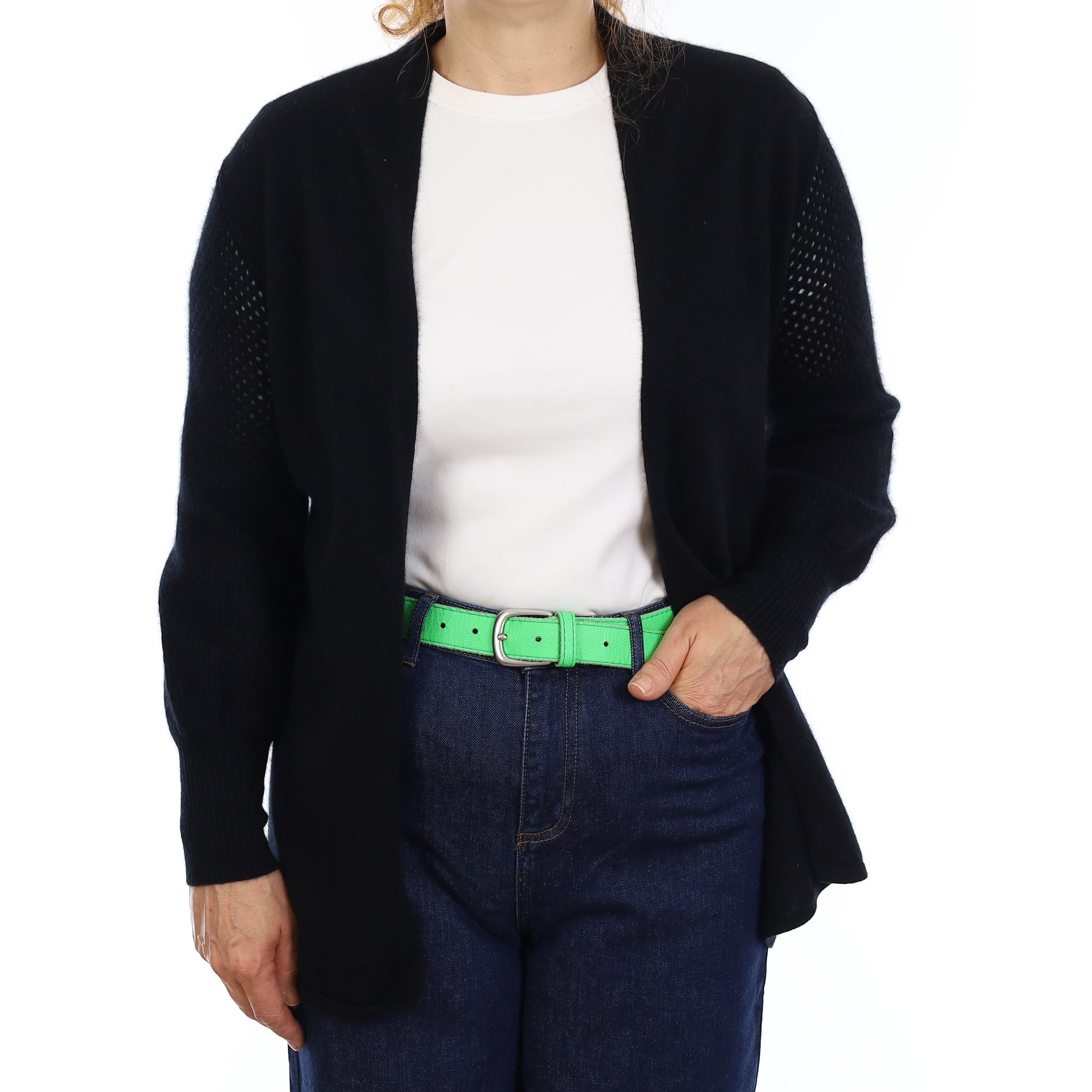 Neiman Marcus Black Cashmere Fishnet Sleeve Edge to Edge Cardigan Medium