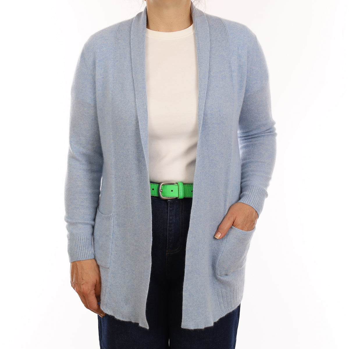 Opal Blue Cashmere Edge to Edge Cardigan with Pockets Medium