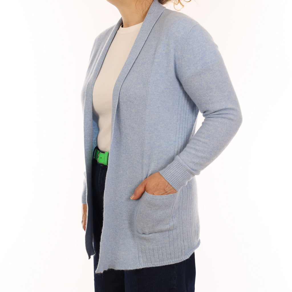 Opal Blue Cashmere Edge to Edge Cardigan with Pockets Medium