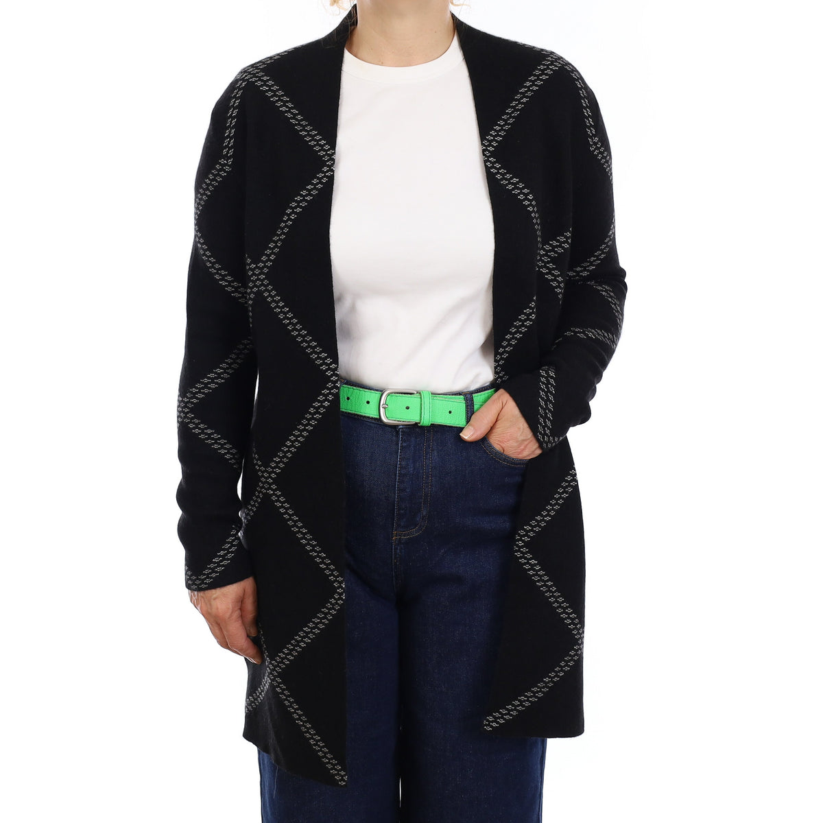 Black and White Pattern Cashmere Edge to Edge Cardigan Medium