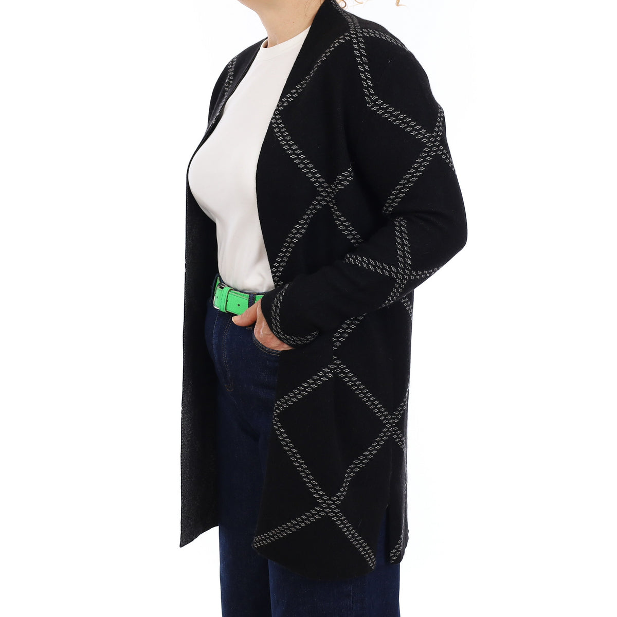 Black and White Pattern Cashmere Edge to Edge Cardigan Medium