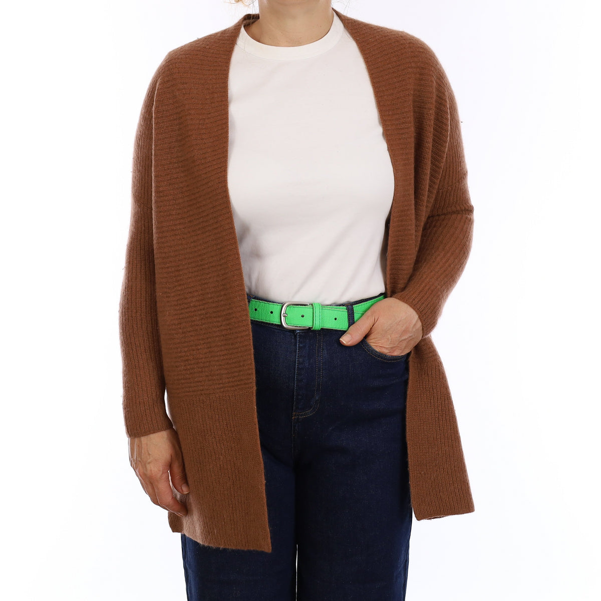 Nutmeg Brown Chunky Rib Cashmere Edge to Edge Cardigan Medium