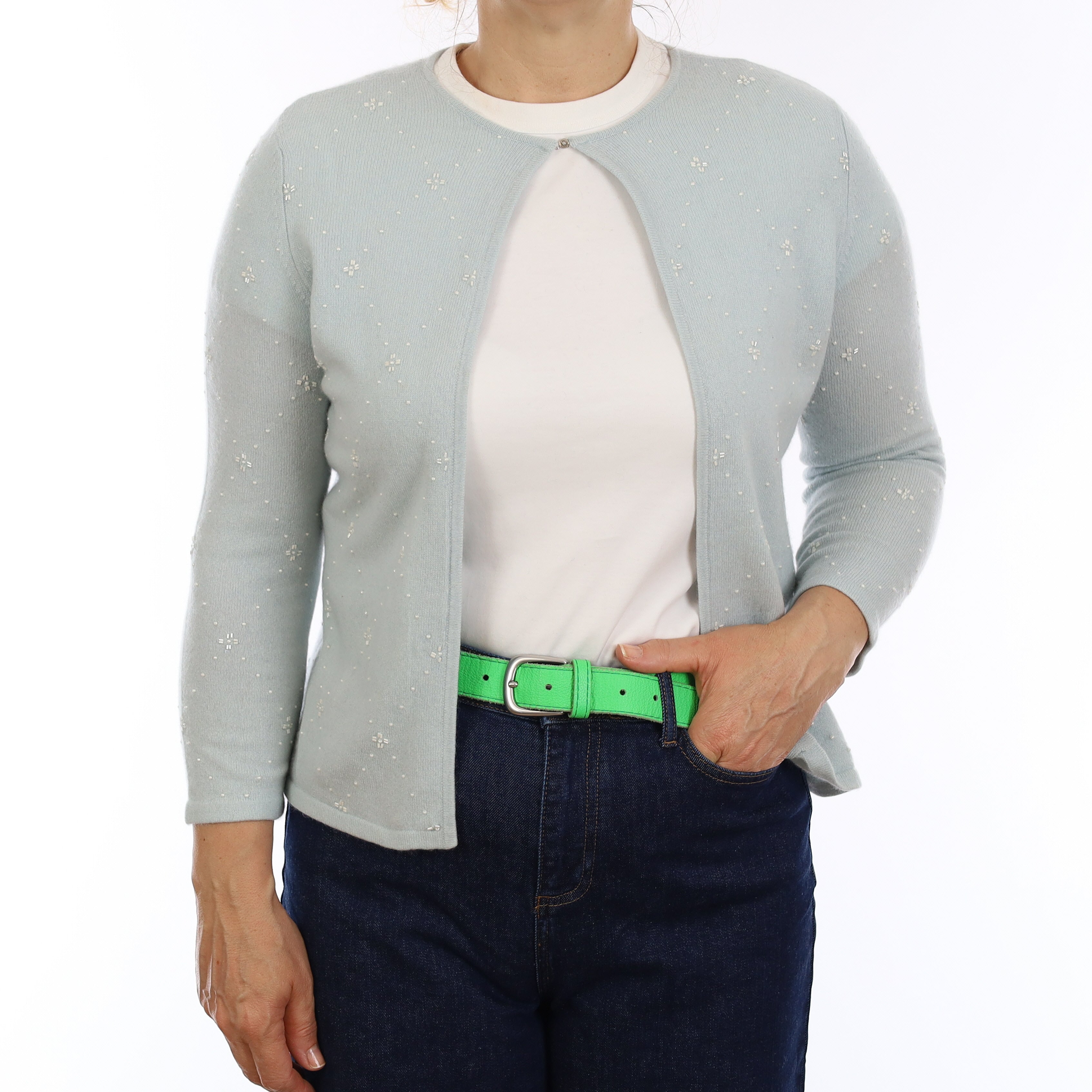 Opal Blue Beaded Cashmere Cardigan Medium