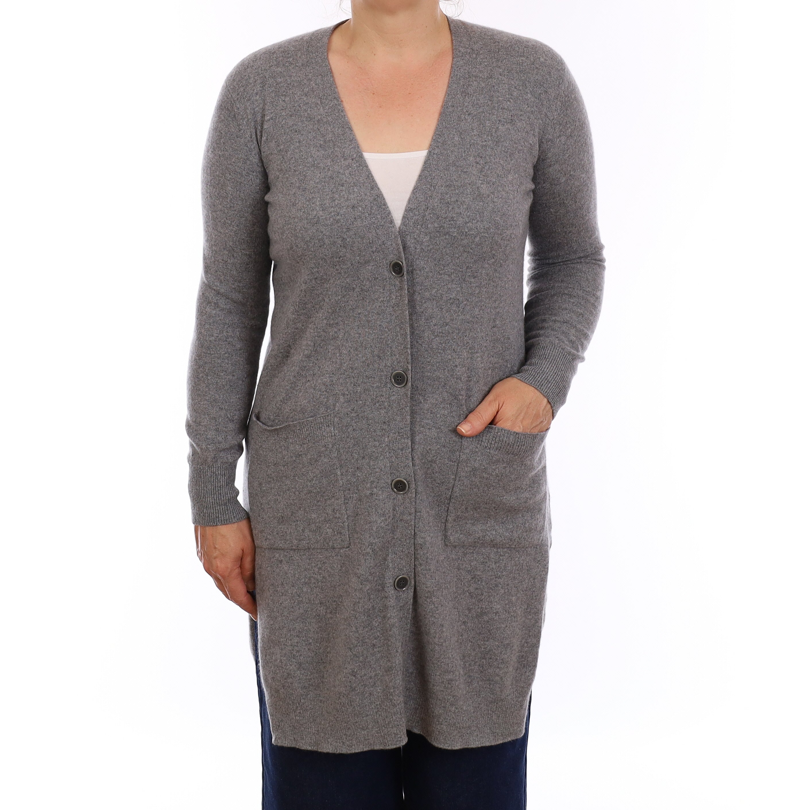 Ash Grey Cashmere Longline V Neck Cardigan Medium