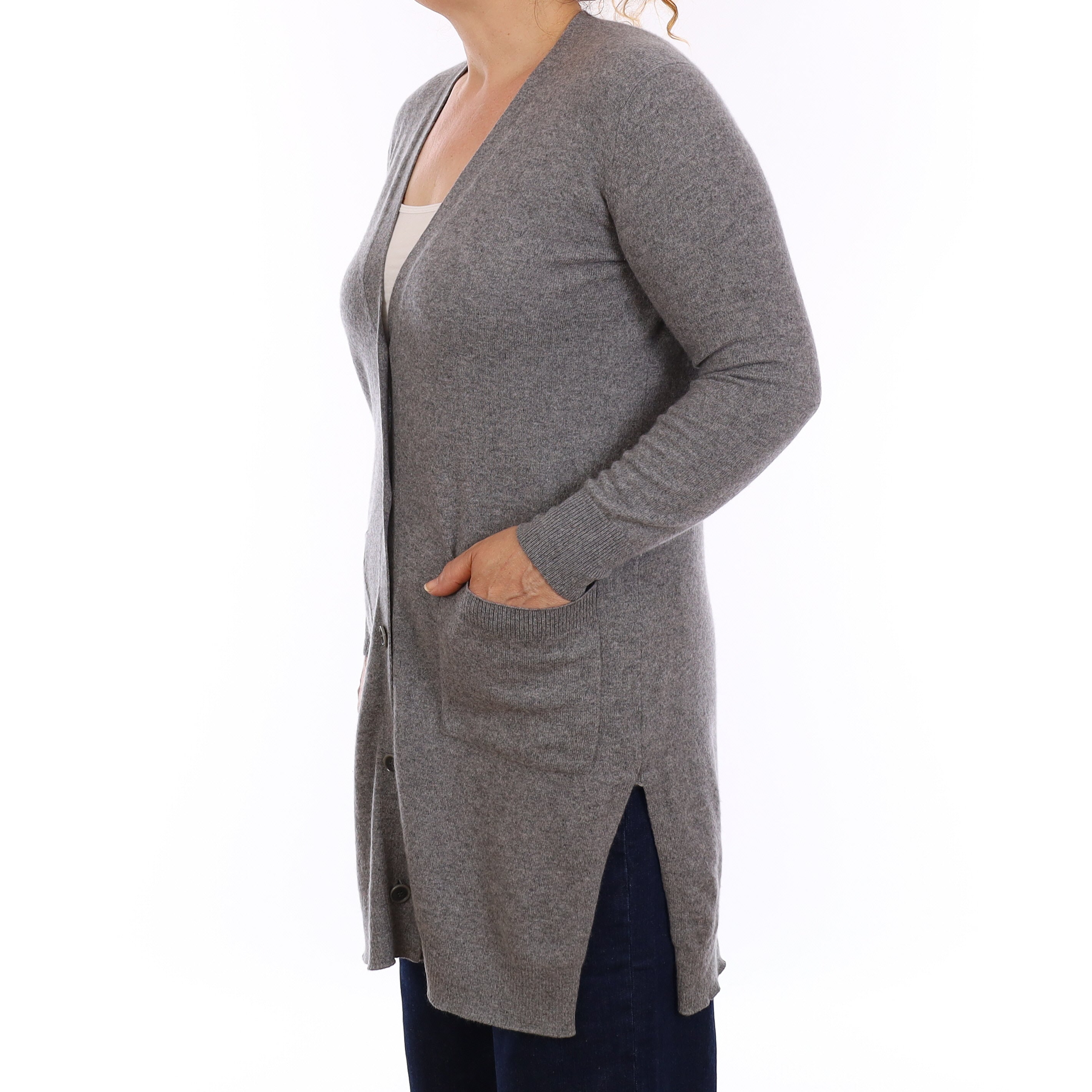 Ash Grey Cashmere Longline V Neck Cardigan Medium
