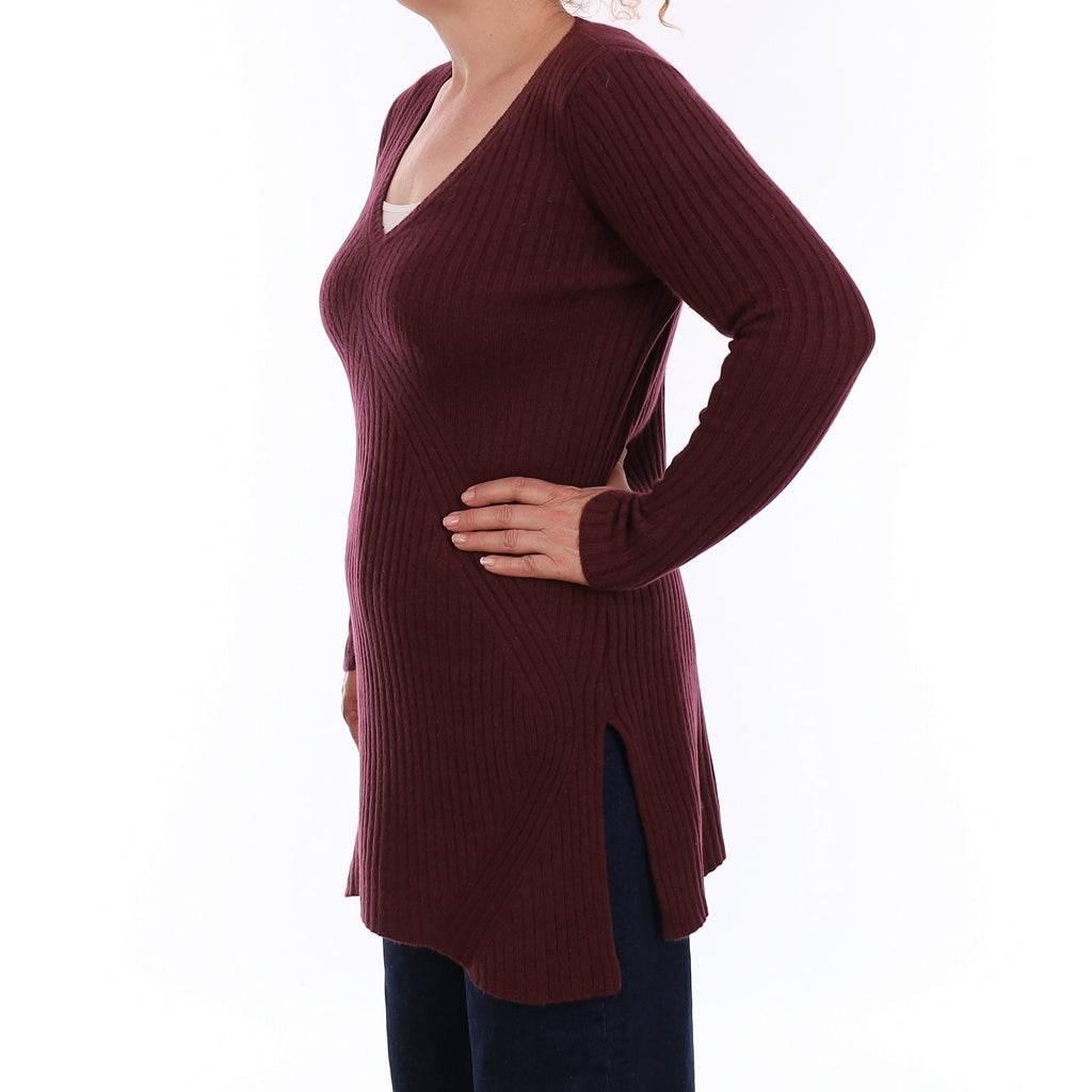Mulberry Purple Chunky Rib Cashmere Longline V Neck Jumper Medium