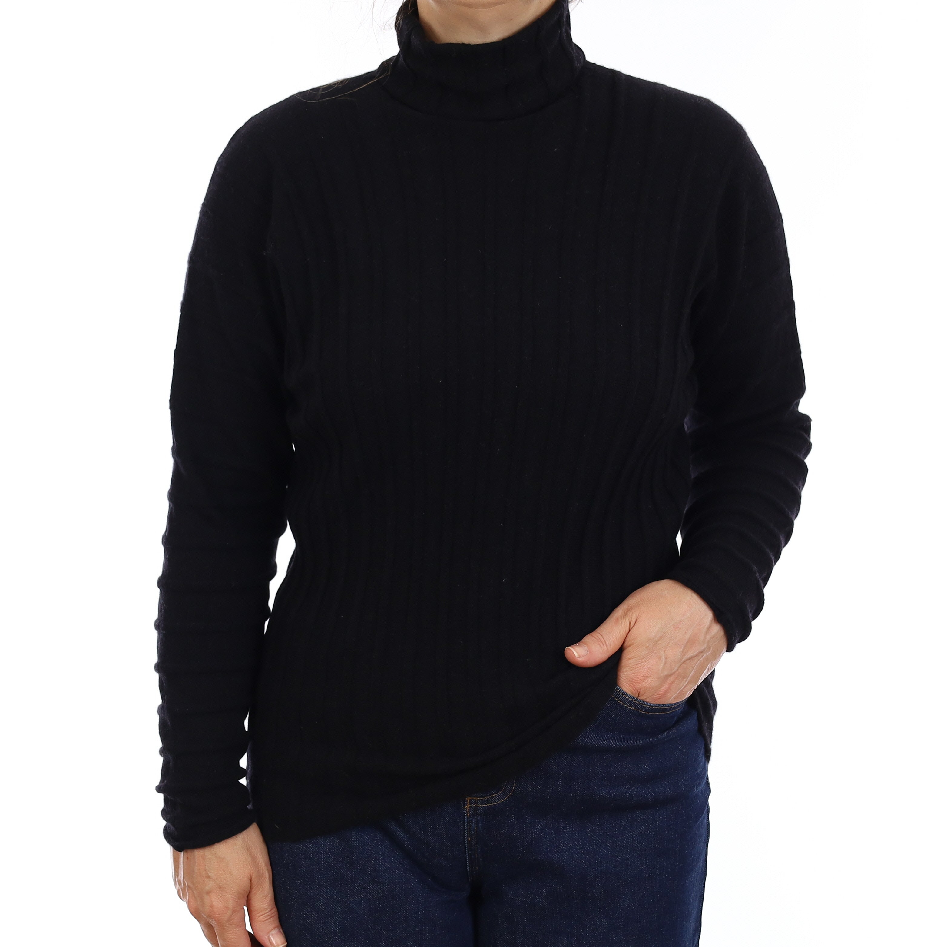 Black Rib Cashmere Batwing Polo Neck Jumper Medium