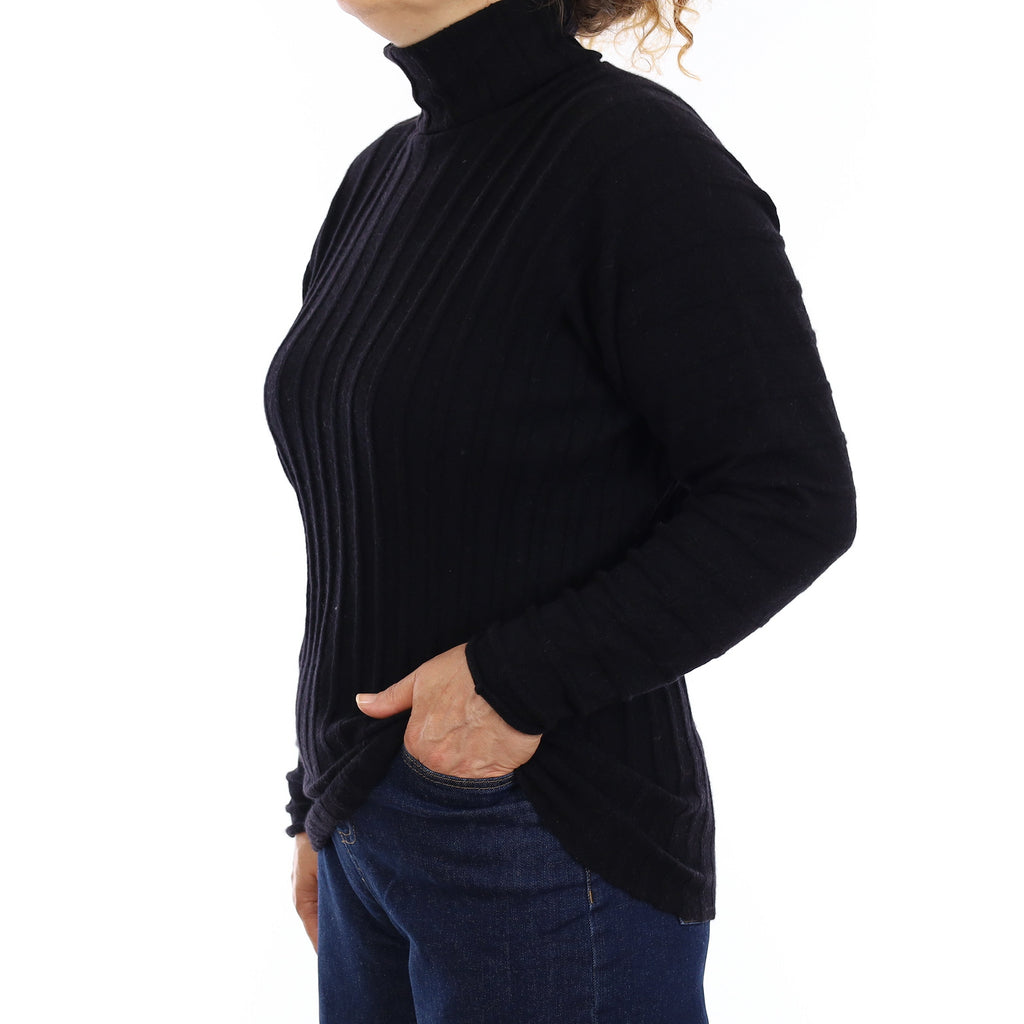 Black Rib Cashmere Batwing Polo Neck Jumper Medium