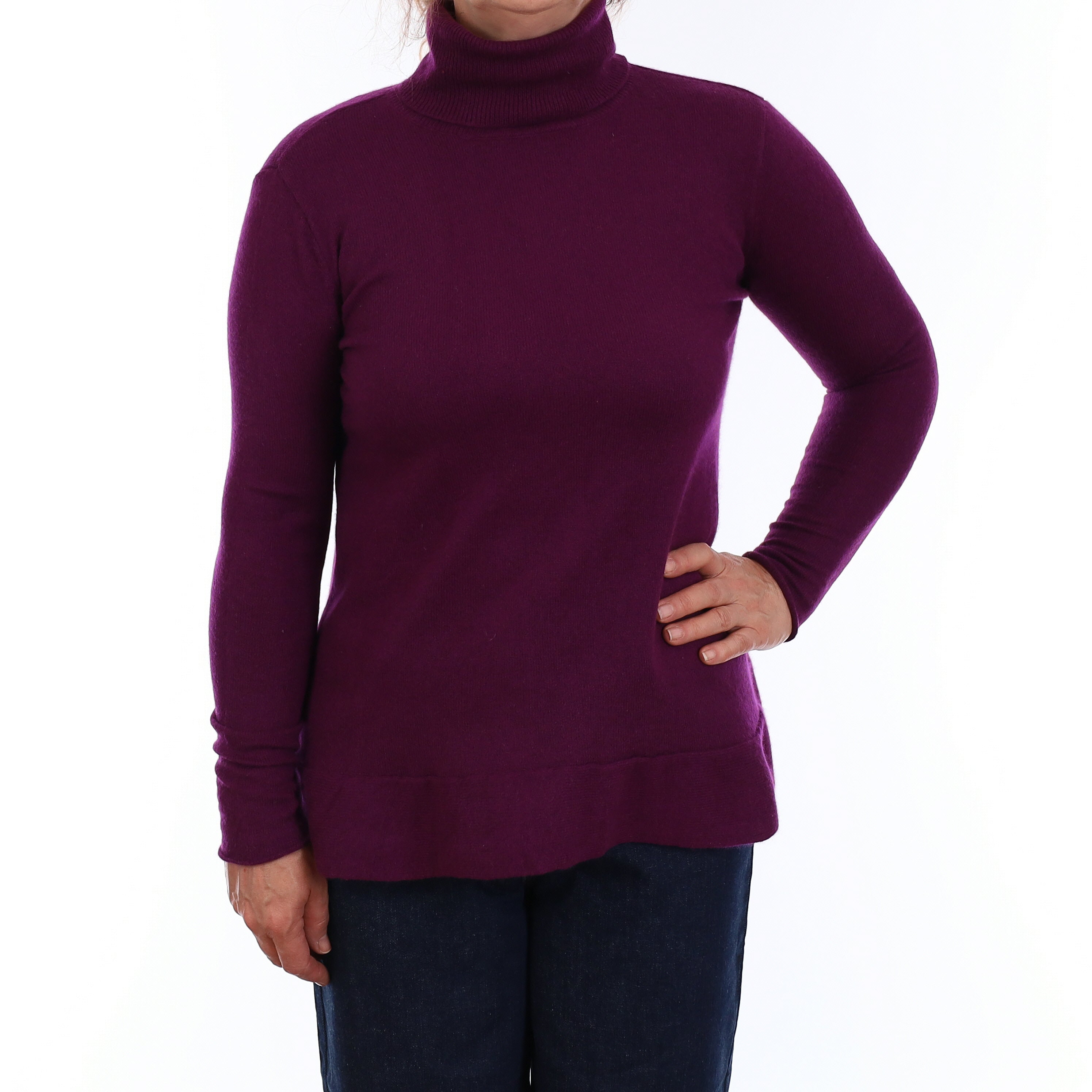 Bramble Purple Cashmere Flared Hem Polo Neck Jumper Medium
