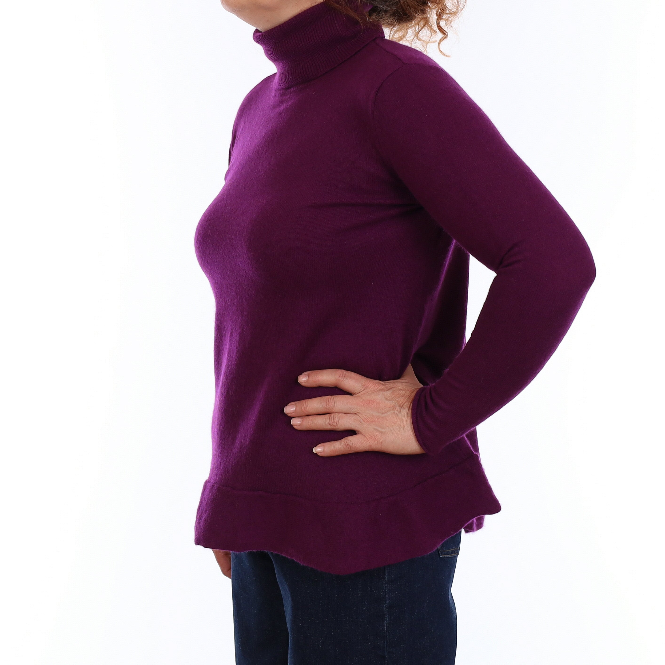 Bramble Purple Cashmere Flared Hem Polo Neck Jumper Medium