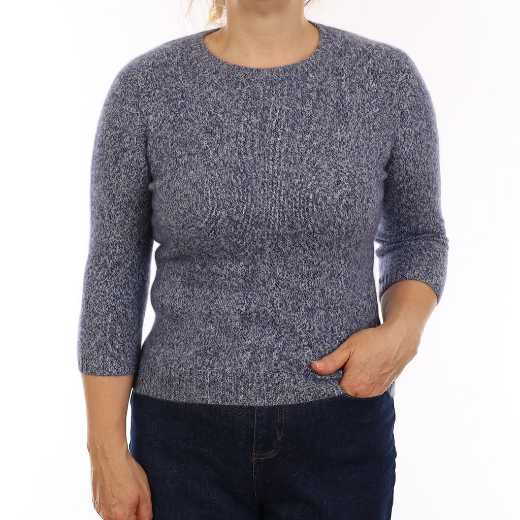Navy and Grey Marl Cashmere 3/4 Sleeve Crew Neck Jumper Medium