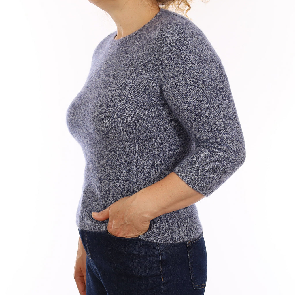 Navy and Grey Marl Cashmere 3/4 Sleeve Crew Neck Jumper Medium