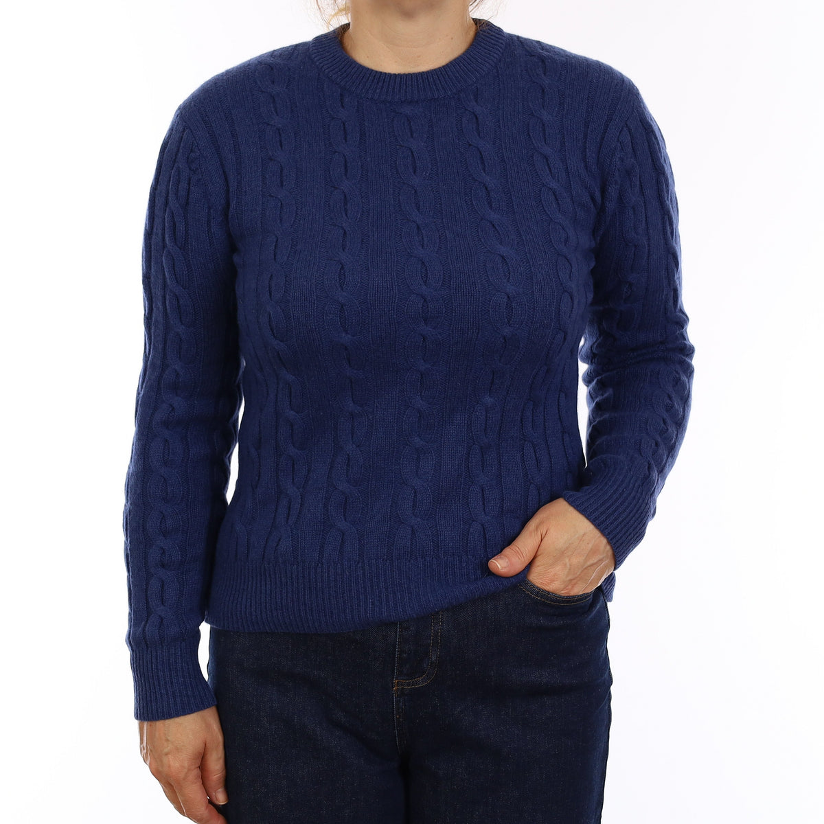 Admiral Blue Chunky Cable Cashmere Crew Neck Jumper Medium