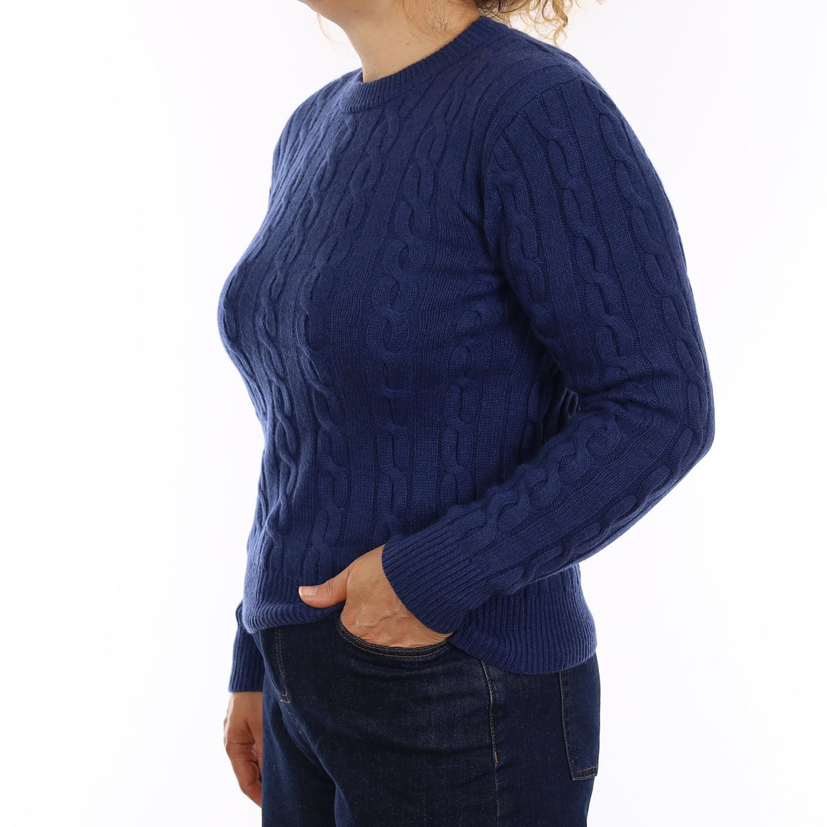 Admiral Blue Chunky Cable Cashmere Crew Neck Jumper Medium
