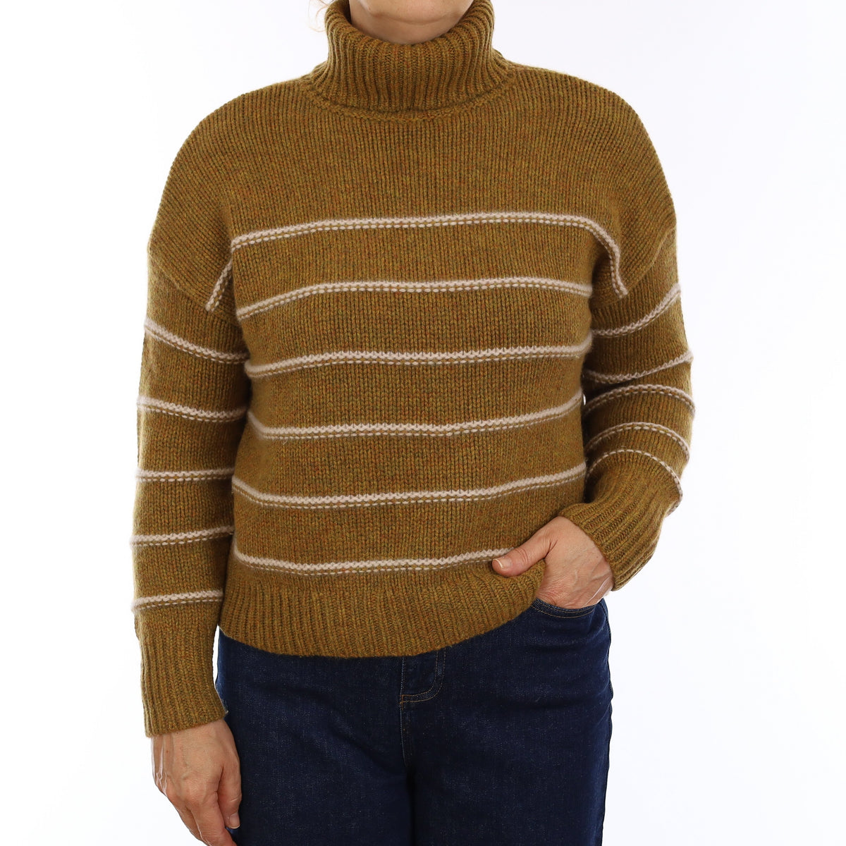 Mustard Brown Striped Chunky Cashmere Polo Neck Jumper Medium