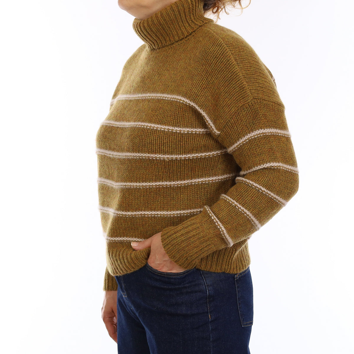 Mustard Brown Striped Chunky Cashmere Polo Neck Jumper Medium