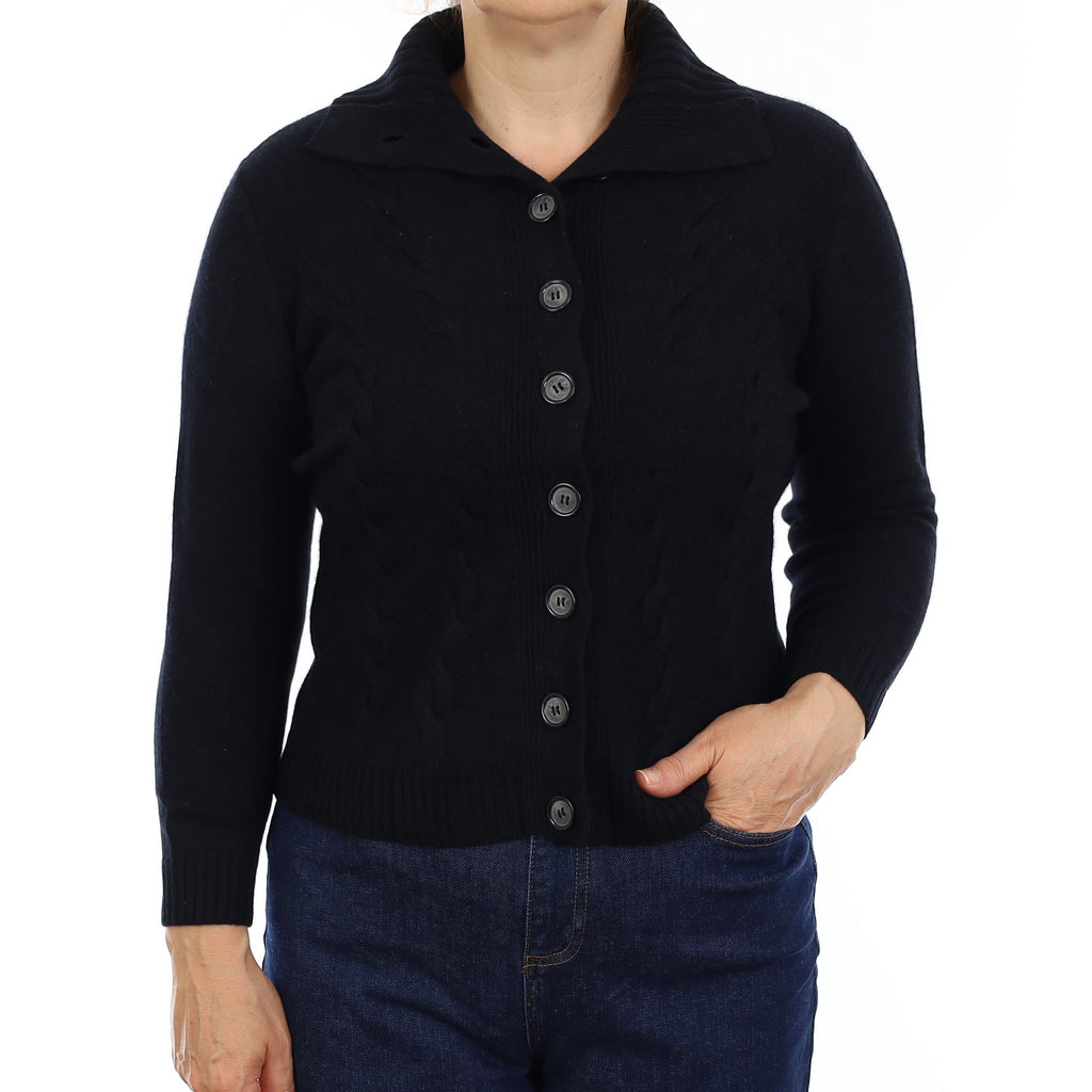 Black Cable Front Cashmere Collared Cardigan Medium