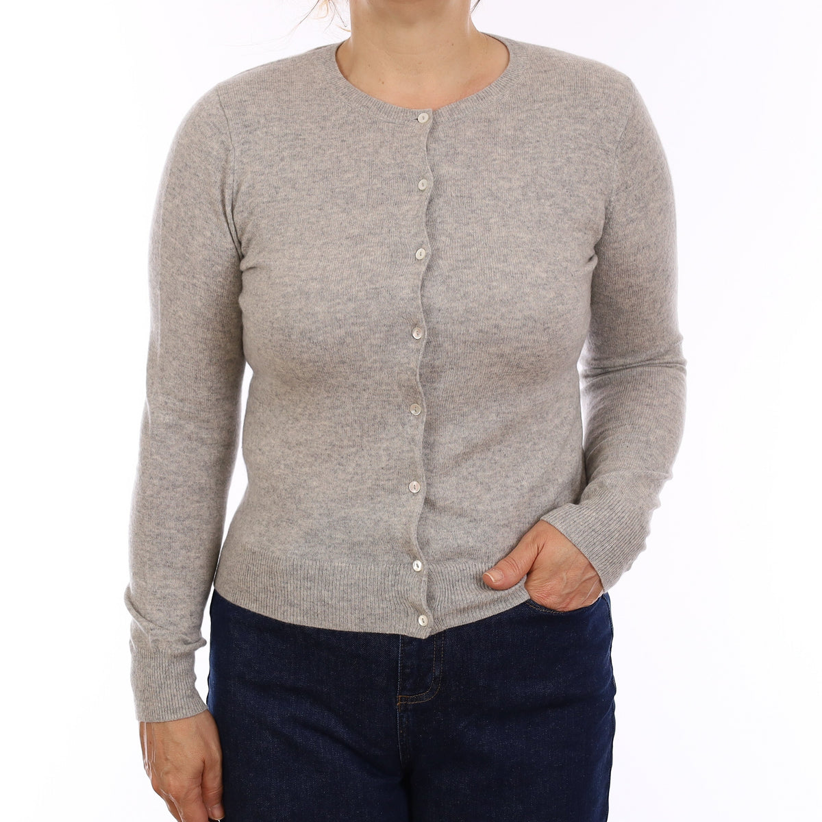 Mist Grey Cashmere Crew Neck Cardigan Medium