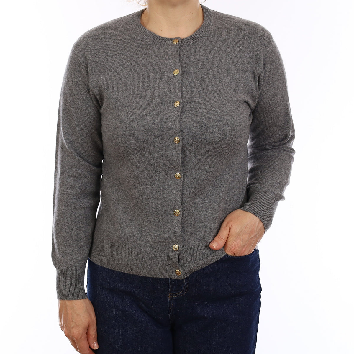 Ash Grey Cashmere Crew Neck Cardigan Medium