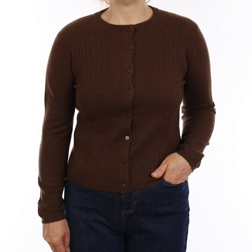 Chocolate Brown Cable Detail Cashmere Crew Neck Cardigan Medium