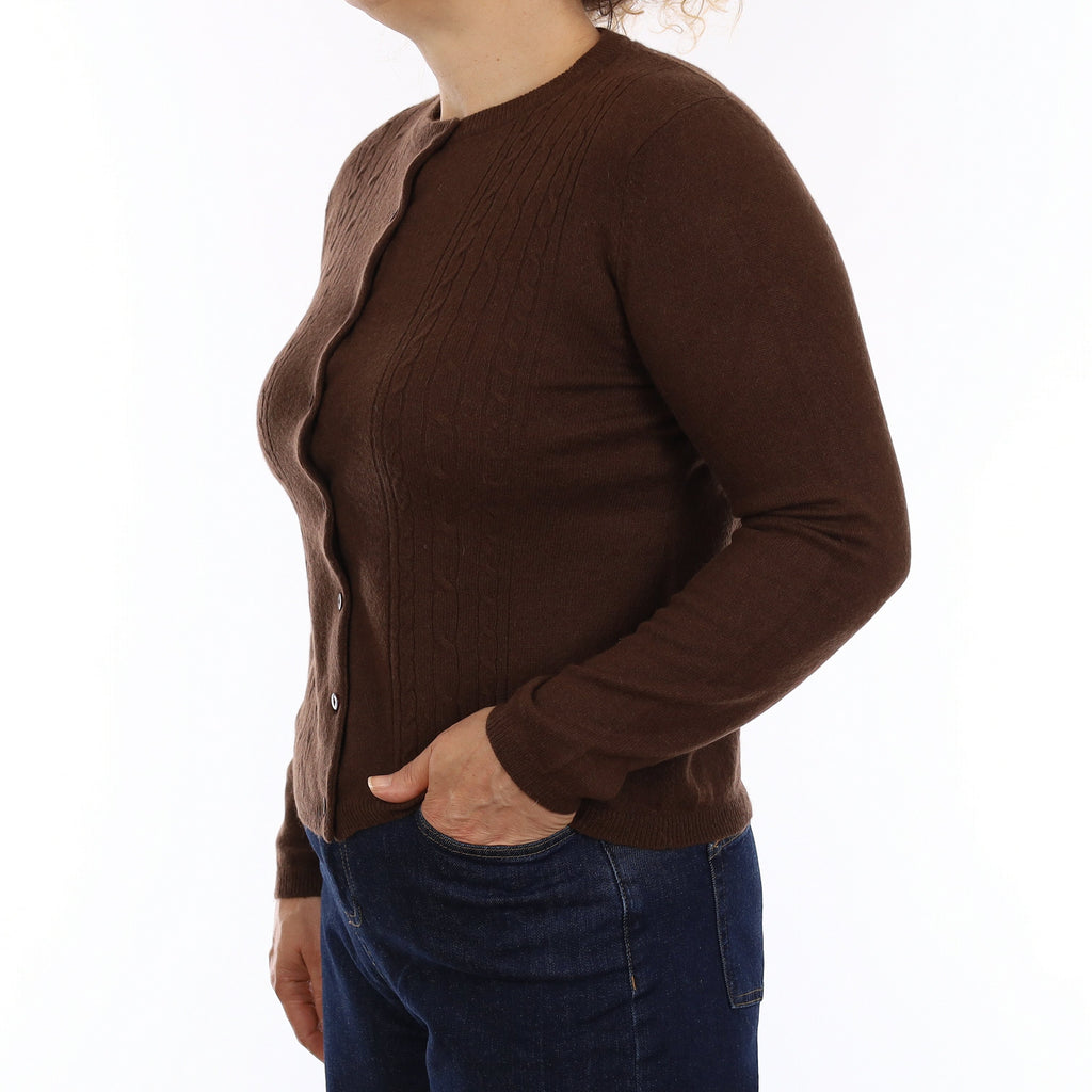 Chocolate Brown Cable Detail Cashmere Crew Neck Cardigan Medium