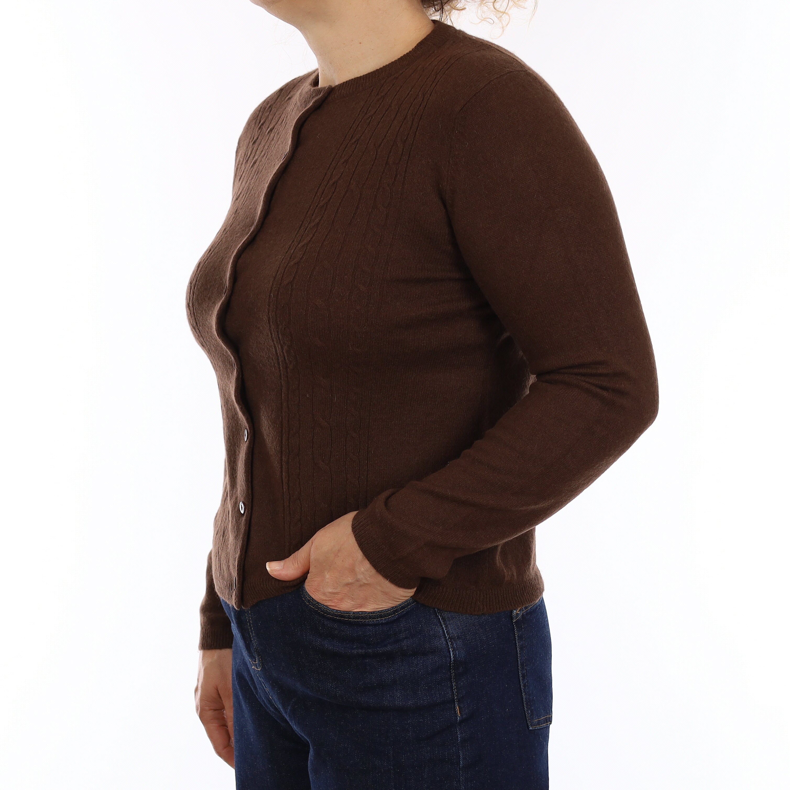 Chocolate Brown Cable Detail Cashmere Crew Neck Cardigan Medium
