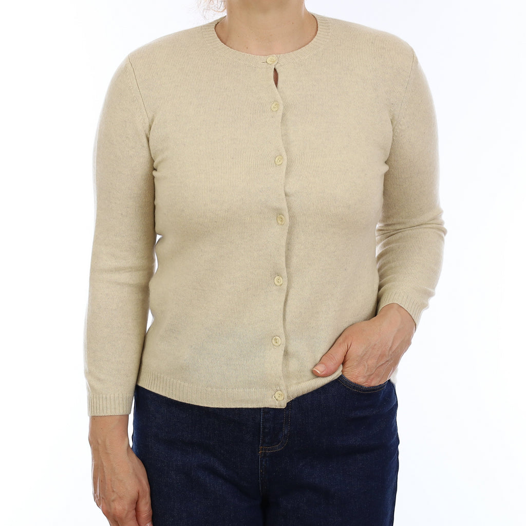Beige Marl Cashmere Crew Neck Cardigan Medium