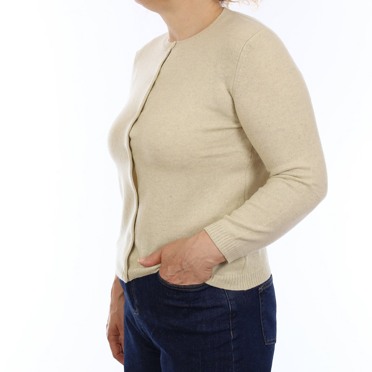 Beige Marl Cashmere Crew Neck Cardigan Medium