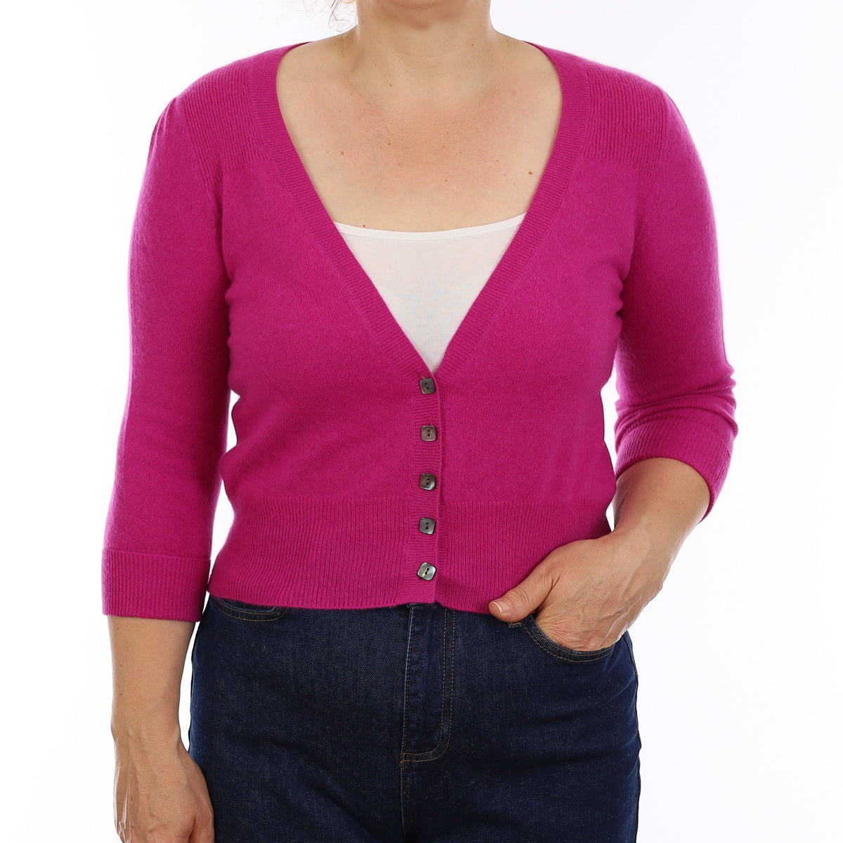 Magenta Pink Cashmere 3/4 Sleeve Cropped Cardigan Medium