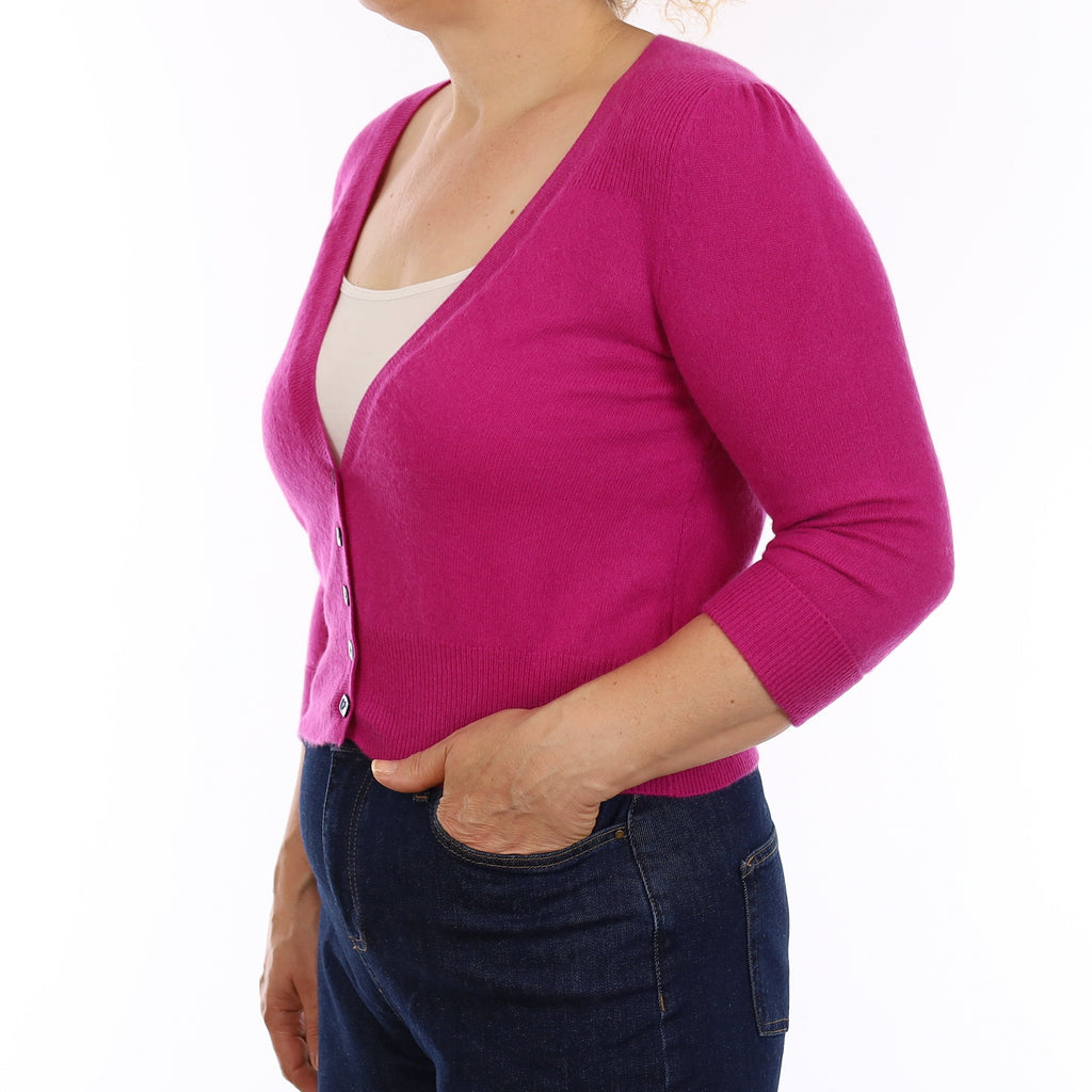 Magenta Pink Cashmere 3/4 Sleeve Cropped Cardigan Medium