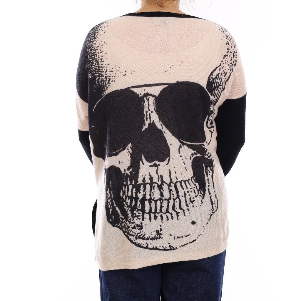 Black and Oatmeal Skull Design Cashmere Crew Neck Jumper Medium