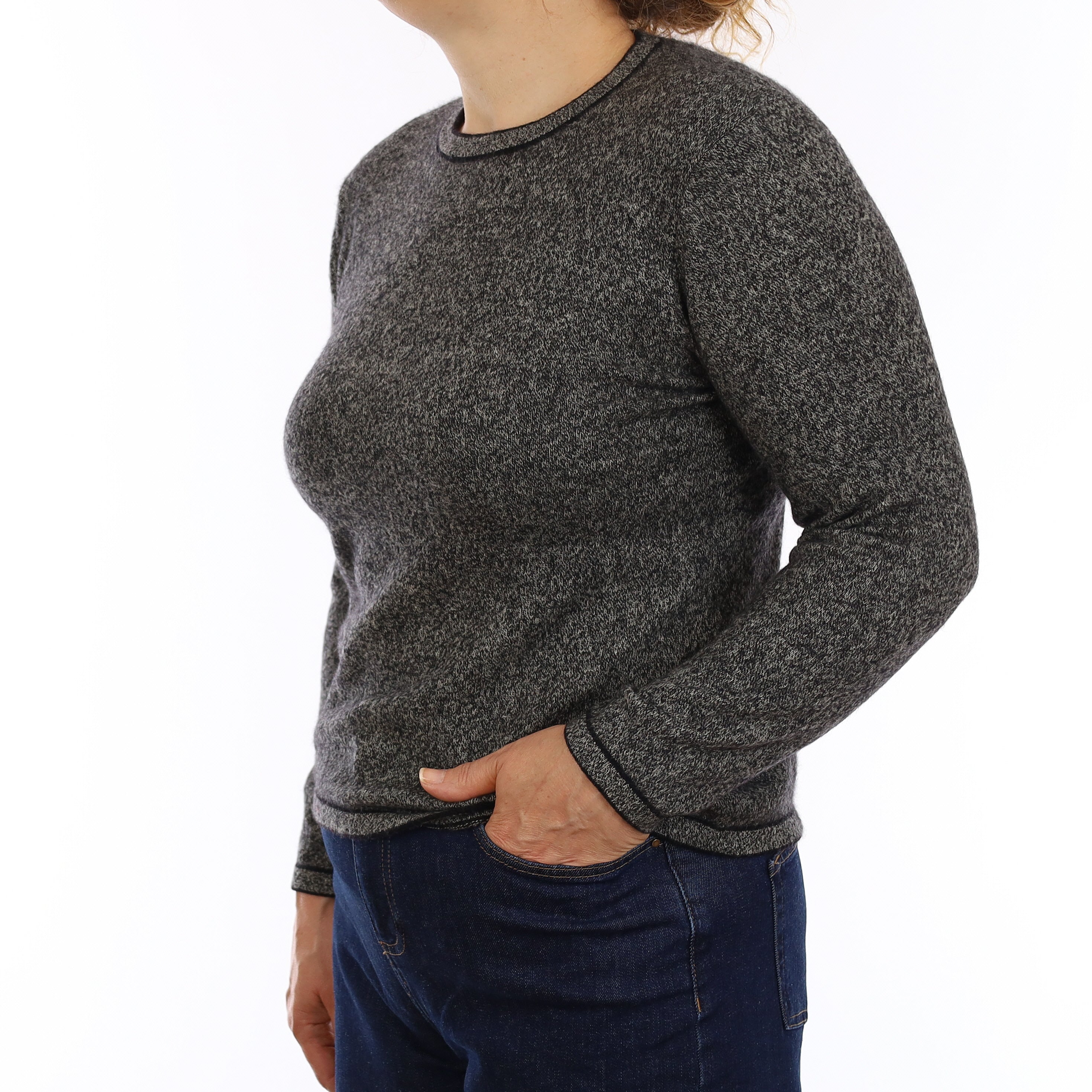 Grey and Black Marl Cashmere Crew Neck Jumper Medium