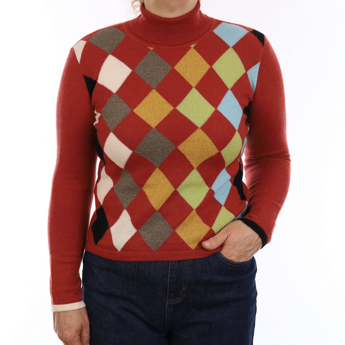 Brick Red Multicolour Diamond Cashmere Polo Neck Jumper Medium