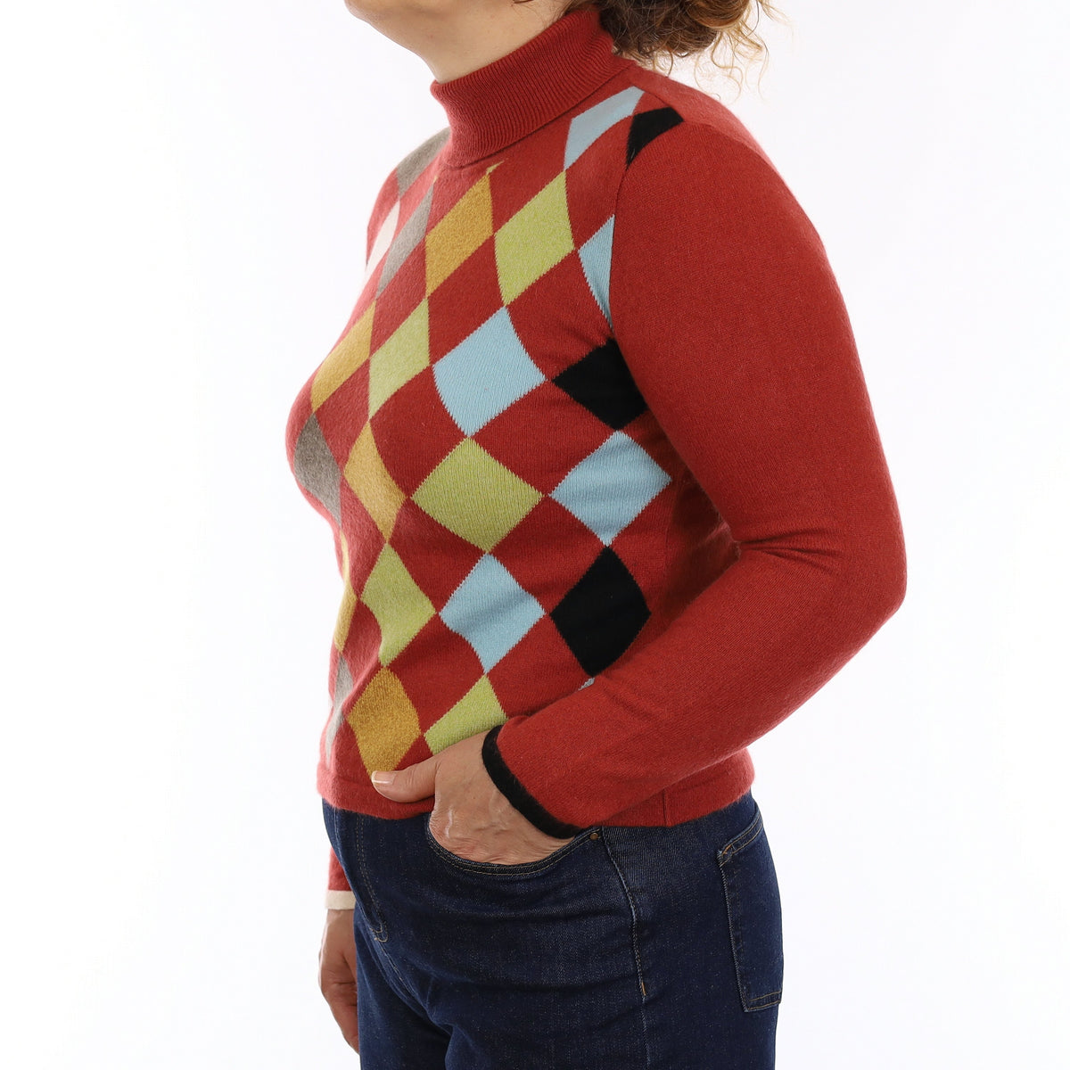 Brick Red Multicolour Diamond Cashmere Polo Neck Jumper Medium