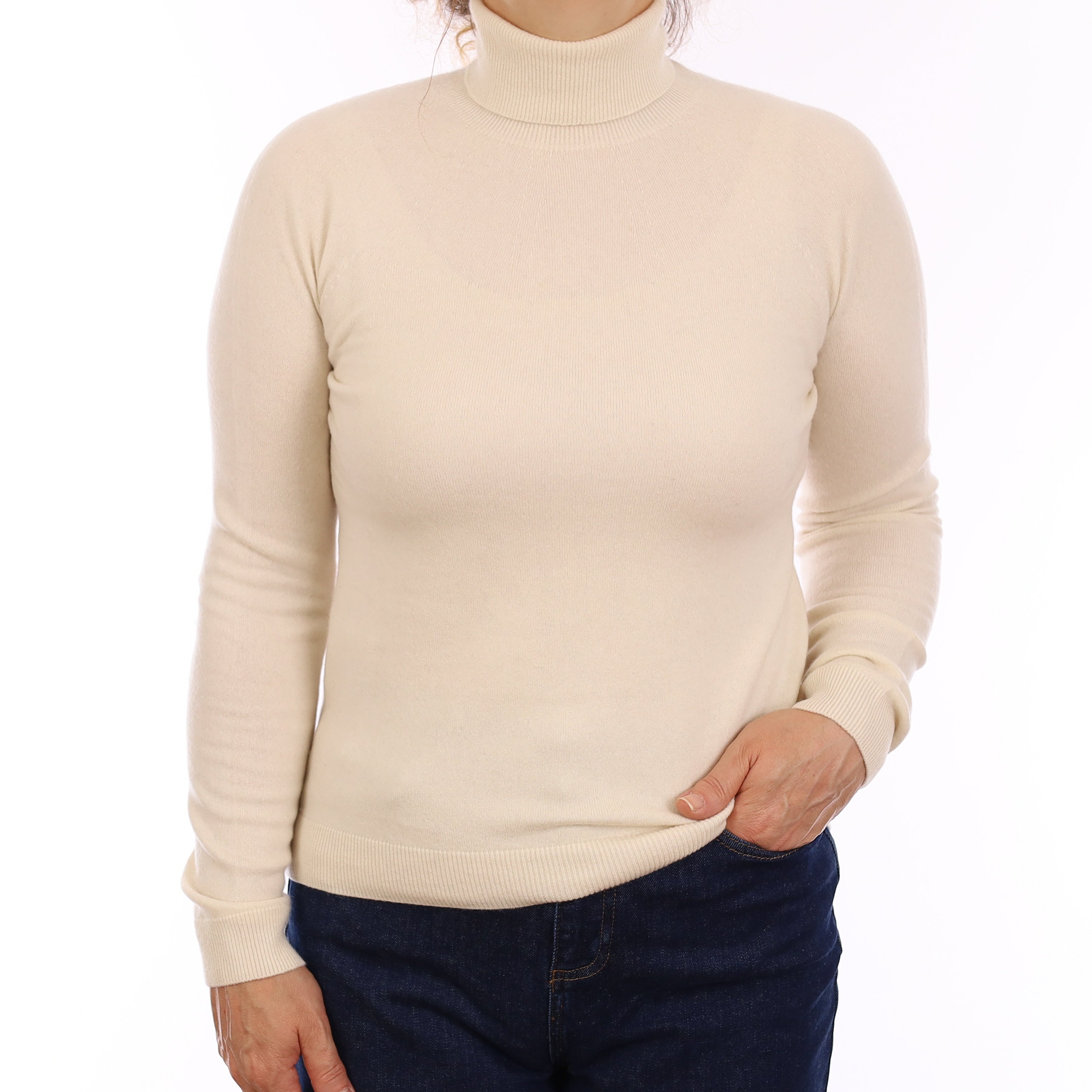Ivory Cashmere Polo Neck Jumper Medium